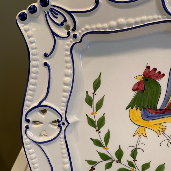 Beautiful white and blue 12 inch square painted rooster dish. - Picture 8 of 10